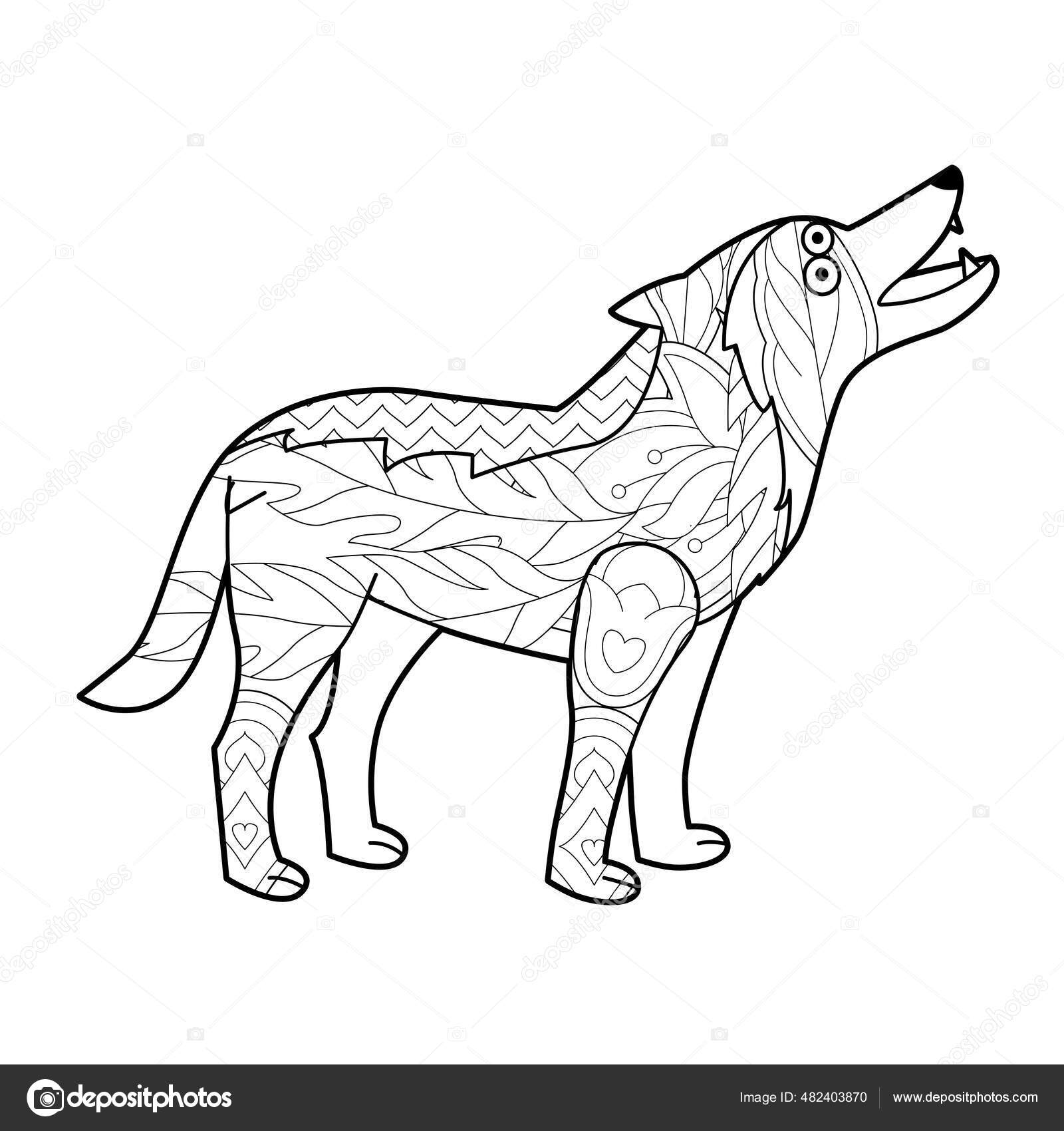 Contour Linear Illustration Animal Coloring Book Wolf Stress Picture ...