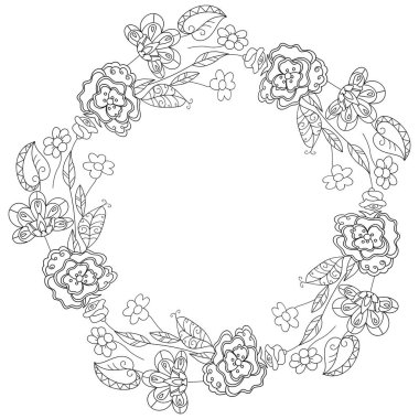 Tarzlı çiçekli siyah beyaz bir çelenk. Resimler boyama kitabı ve çocuklar için resimler için kullanılabilir.