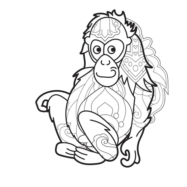 着色本のための動物との輪郭線イラスト かわいい猿 抗ストレス画像 大人や子供のためのラインアートデザインは ゼンタングルスタイルと着色ページで — ストックベクタ