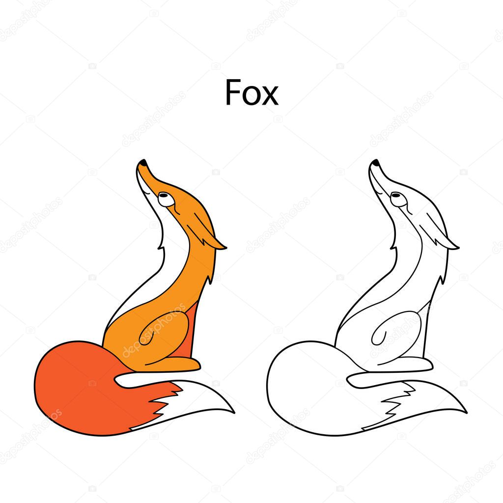 Funny cute animal fox isolated on white background. Linear, contour, black and white and colored version. Illustration can be used for coloring book and pictures for children