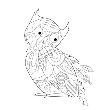 Boyama kitabı için kuşla doğrusal çizim yap. Sevimli baykuş, stres karşıtı resim. Zentangle tarzı ve boyama sayfasında yetişkin ya da çocuklar için çizgi tasarımı.