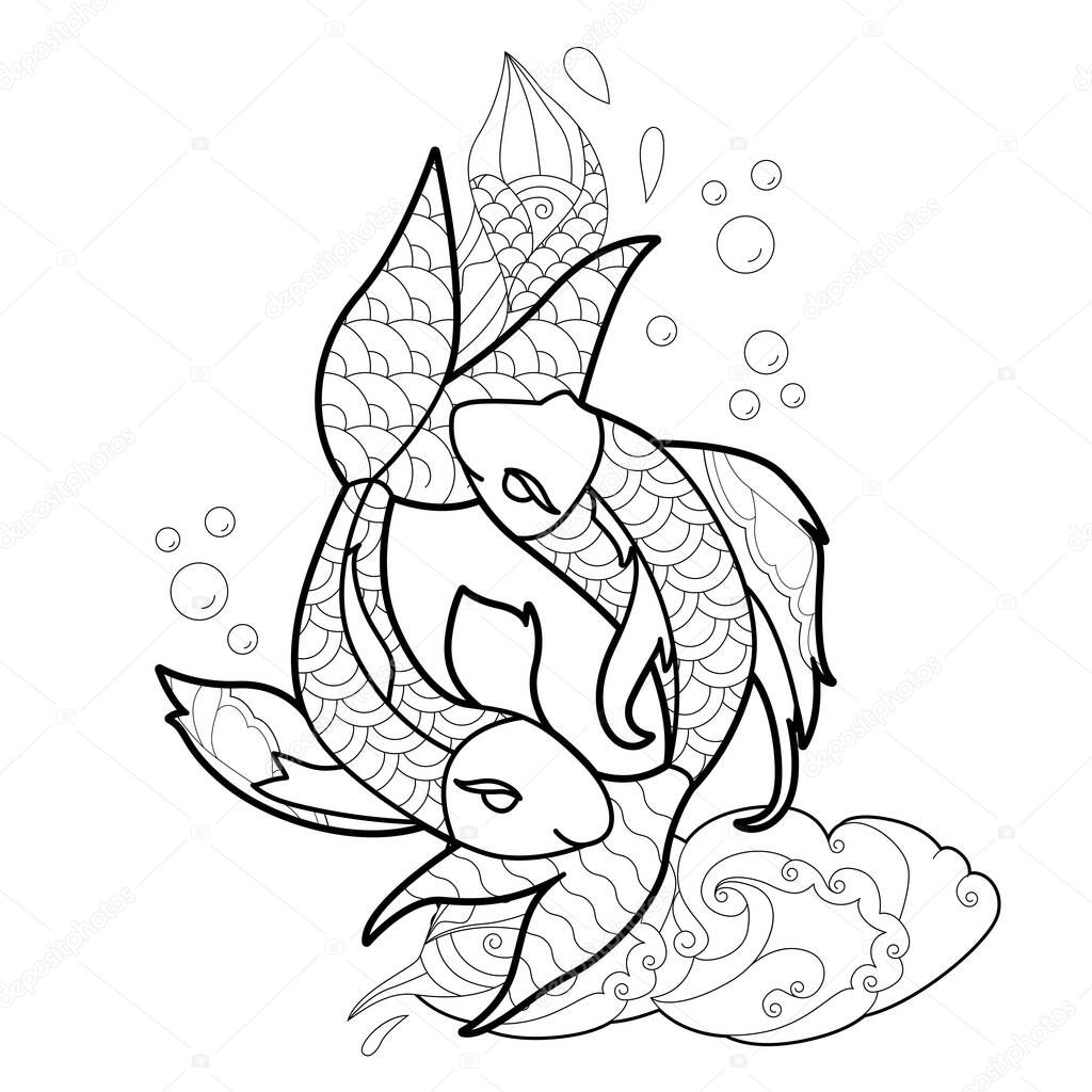 Contour linear illustration with fish for coloring book. Cute koi carps, anti stress picture. Line art design for adult or kids  in zentangle style and coloring page.