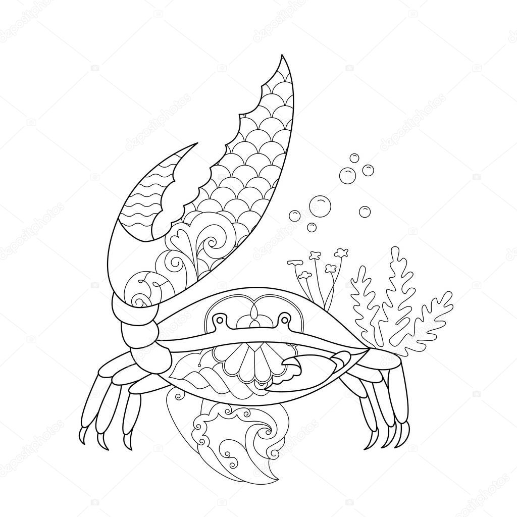 Contour linear illustration with marine animal for coloring book. Cute lobster, anti stress picture. Line art design for adult or kids  in zentangle style and coloring page.