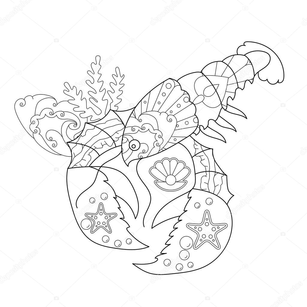 Contour linear illustration with marine animal for coloring book. Cute lobster, anti stress picture. Line art design for adult or kids  in zentangle style and coloring page.