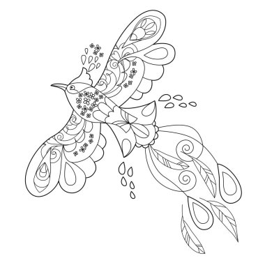 Tropik bir kuş. Siyah beyaz resim. Cennet kuşuyla boyama kitabı için doğrusal illüstrasyon yap. Zentangle tarzı ve boyama sayfasında yetişkin ya da çocuklar için çizgi tasarımı.