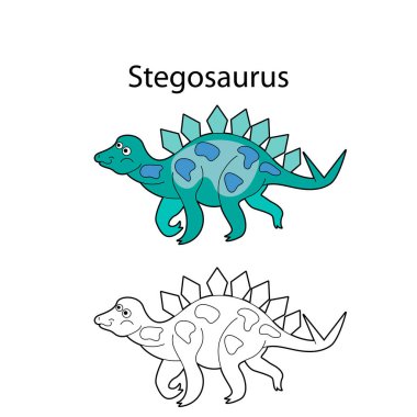 Funny cute dino stegosaurus isolated on white background. Linear, contour, black and white and colored version. Illustration can be used for coloring book and pictures for children
