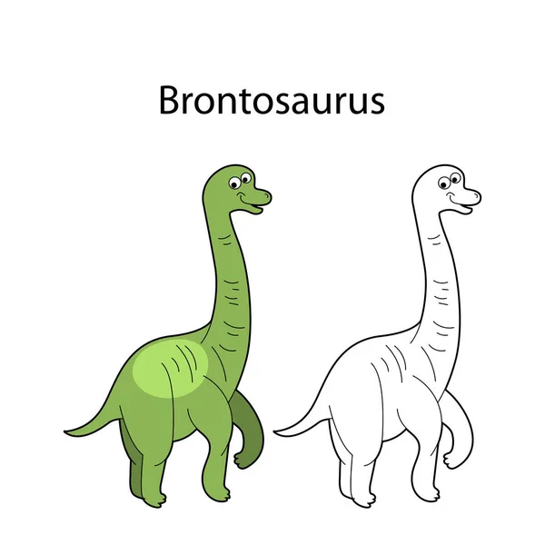 Engraçado Bonito Dino Brontossauro Isolado Fundo Branco Linear Contorno Preto — Vetor de Stock