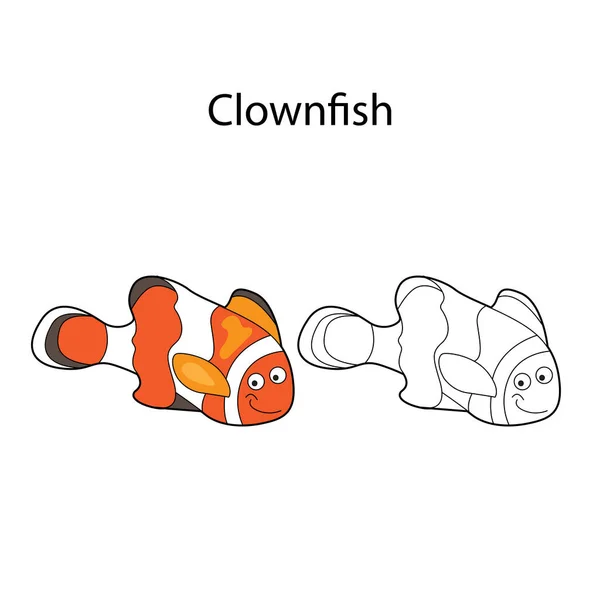 Funny Cute Clownfish Isolated White Background Linear Contour Black White — Stock Vector