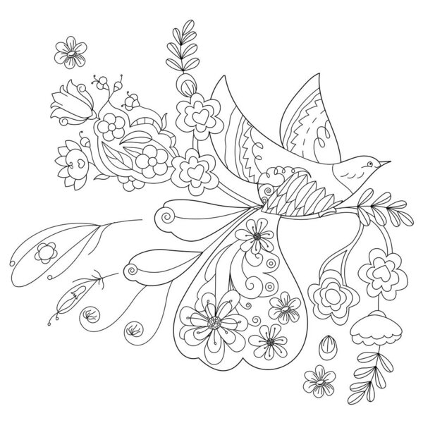 Tropical fancy bird. Black and white picture. Contour linear illustration for coloring book with paradise birds. Line art design for adult or kids  in zentangle style and coloring page.