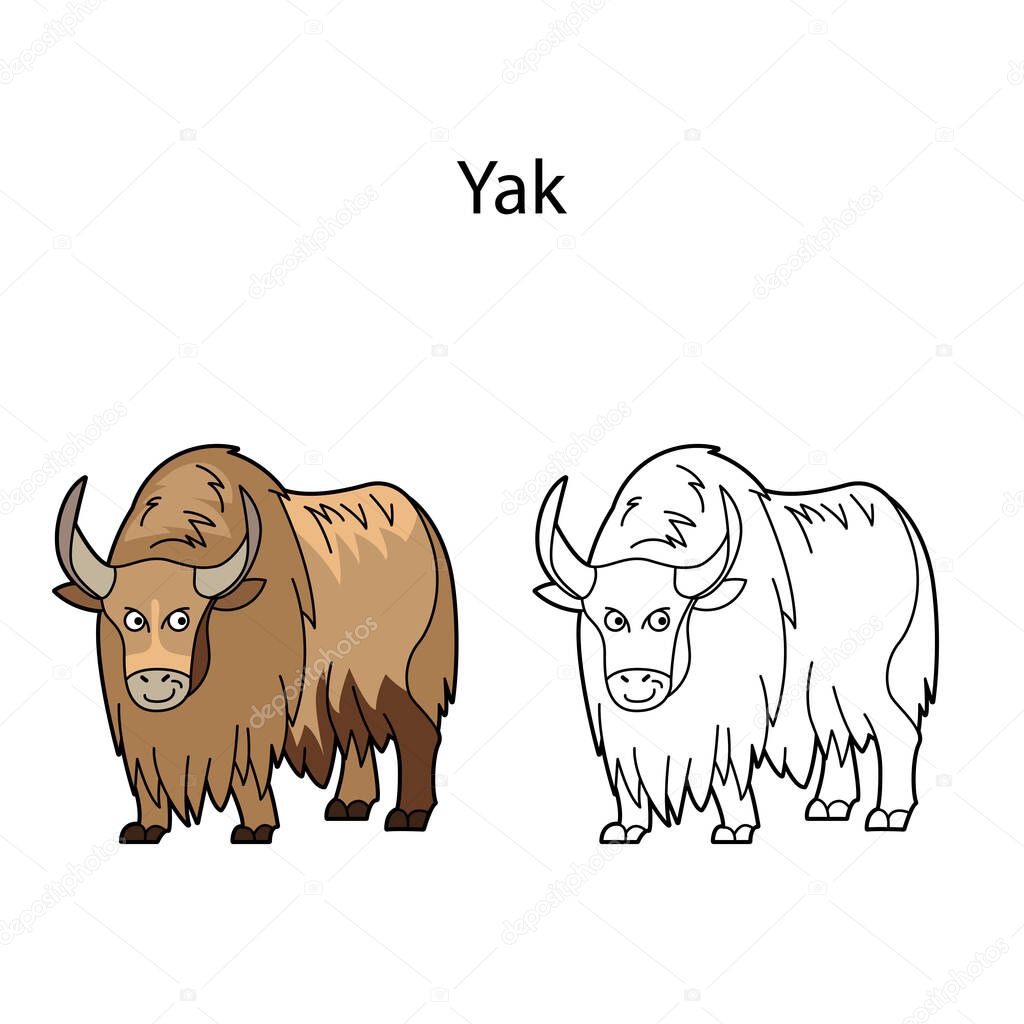 Funny cute animal yak isolated on white background. Linear, contour, black and white and colored version. Illustration can be used for coloring book, design logo and pictures for children