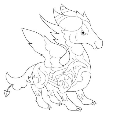 Beyaz arka planda süslü bir ejderha. Fantezi sürüngenlerle boyama kitabı için doğrusal illüstrasyon oluşturun. Stres önleyici resim. Zentangle tarzı ve boyama sayfasında yetişkin ya da çocuklar için çizgi tasarımı.