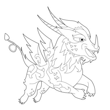 Beyaz arka planda süslü bir ejderha. Fantezi sürüngenlerle boyama kitabı için doğrusal illüstrasyon oluşturun. Stres önleyici resim. Zentangle tarzı ve boyama sayfasında yetişkin ya da çocuklar için çizgi tasarımı.