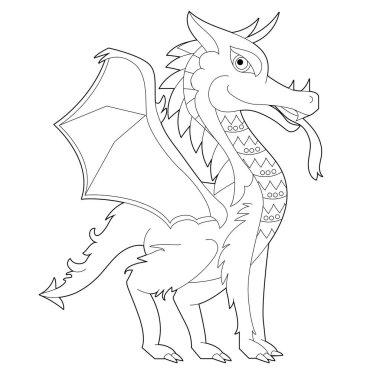 Beyaz arka planda süslü bir ejderha. Fantezi sürüngenlerle boyama kitabı için doğrusal illüstrasyon oluşturun. Stres önleyici resim. Zentangle tarzı ve boyama sayfasında yetişkin ya da çocuklar için çizgi tasarımı.
