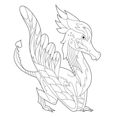 Beyaz arka planda süslü bir ejderha. Fantezi sürüngenlerle boyama kitabı için doğrusal illüstrasyon oluşturun. Stres önleyici resim. Zentangle tarzı ve boyama sayfasında yetişkin ya da çocuklar için çizgi tasarımı.
