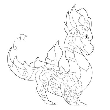 Beyaz arka planda süslü bir ejderha. Fantezi sürüngenlerle boyama kitabı için doğrusal illüstrasyon oluşturun. Stres önleyici resim. Zentangle tarzı ve boyama sayfasında yetişkin ya da çocuklar için çizgi tasarımı.