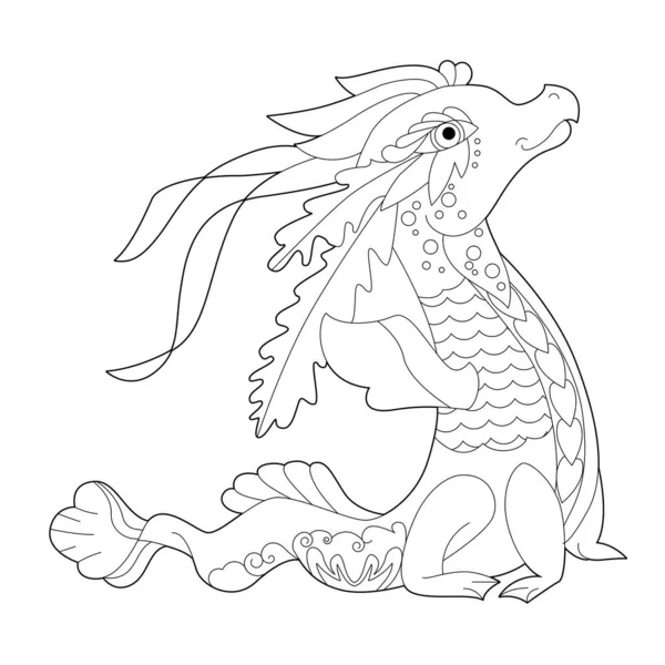 Dragon Fantaisie Sur Fond Blanc Illustration Linéaire Contour Pour Livre — Image vectorielle