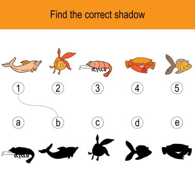 Okyanus hayvanları ve balıklarla ilgili doğru gölge bulmacasını bul. Resimler çocuklar için mantık oyunu olarak kullanılabilir.