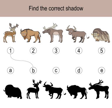 Find the correct shadow puzzle with different forest animals. Illustration can be used as logic game for children. vector