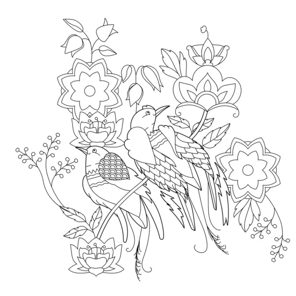 Контурна Лінійна Ілюстрація Розмальовки Книги Райськими Птахами Красива Тропічна Екзотична — стоковий вектор