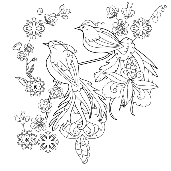 楽園の鳥と本を着色するための輪郭線イラスト 美しい熱帯エキゾチックな鳥 抗ストレス画像 大人や子供のための線画デザイン全角スタイルと着色ページ — ストックベクタ
