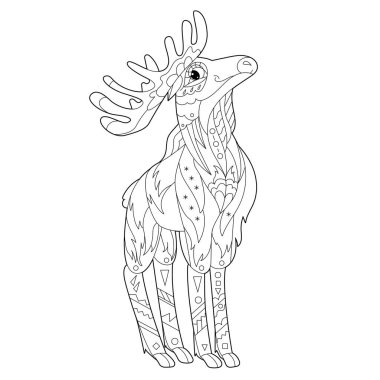Contour linear illustration for coloring book with decorative moose. Beautiful animal moose,  anti stress picture. Line art design for adult or kids  in zen-tangle style, tatoo and coloring page. vector