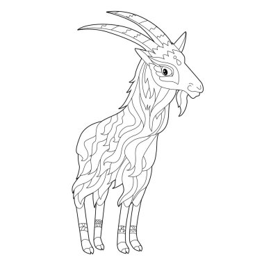 Boyama kitabı için dekoratif dağ keçisi ile doğrusal çizim yap. Güzel oğlak burcu, stres karşıtı bir film. Yetişkinler ve çocuklar için çizgi çizimi Zen-karmaşası tarzı, dövme ve boyama sayfası.