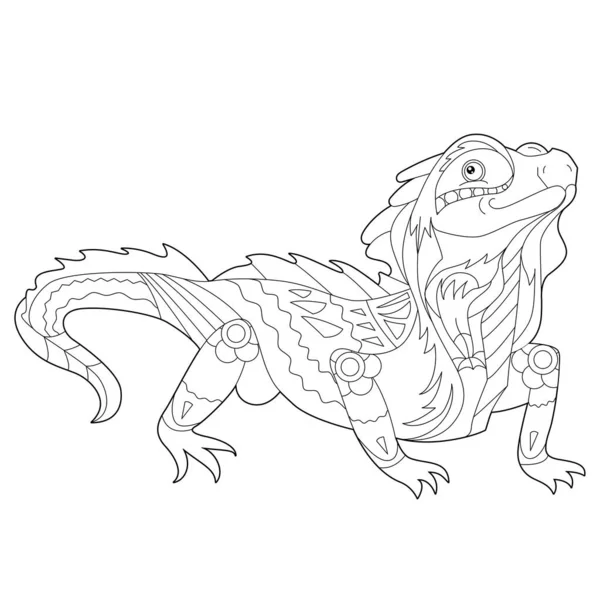 Phantasievoller Reptil Leguan Auf Weißem Hintergrund Konturlineare Illustration Für Malbuch — Stockvektor