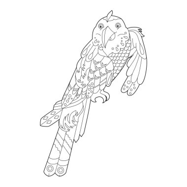 Boyama kitabı için dekoratif papağanla doğrusal çizim yap. Güzel bir tropik kuş, stres karşıtı bir resim. Yetişkinler ve çocuklar için çizgi tasarımı Zen-karmaşası tarzı, dövme ve boyama sayfası.