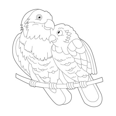 Contour linear illustration for coloring book with decorative parrots. Beautiful tropic bird,  anti stress picture. Line art design for adult or kids  in zen-tangle style, tattoo and coloring page. clipart