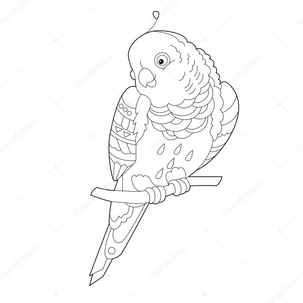 Contour linear illustration for coloring book with decorative parrot. Beautiful tropic bird,  anti stress picture. Line art design for adult or kids  in zen-tangle style, tattoo and coloring page.