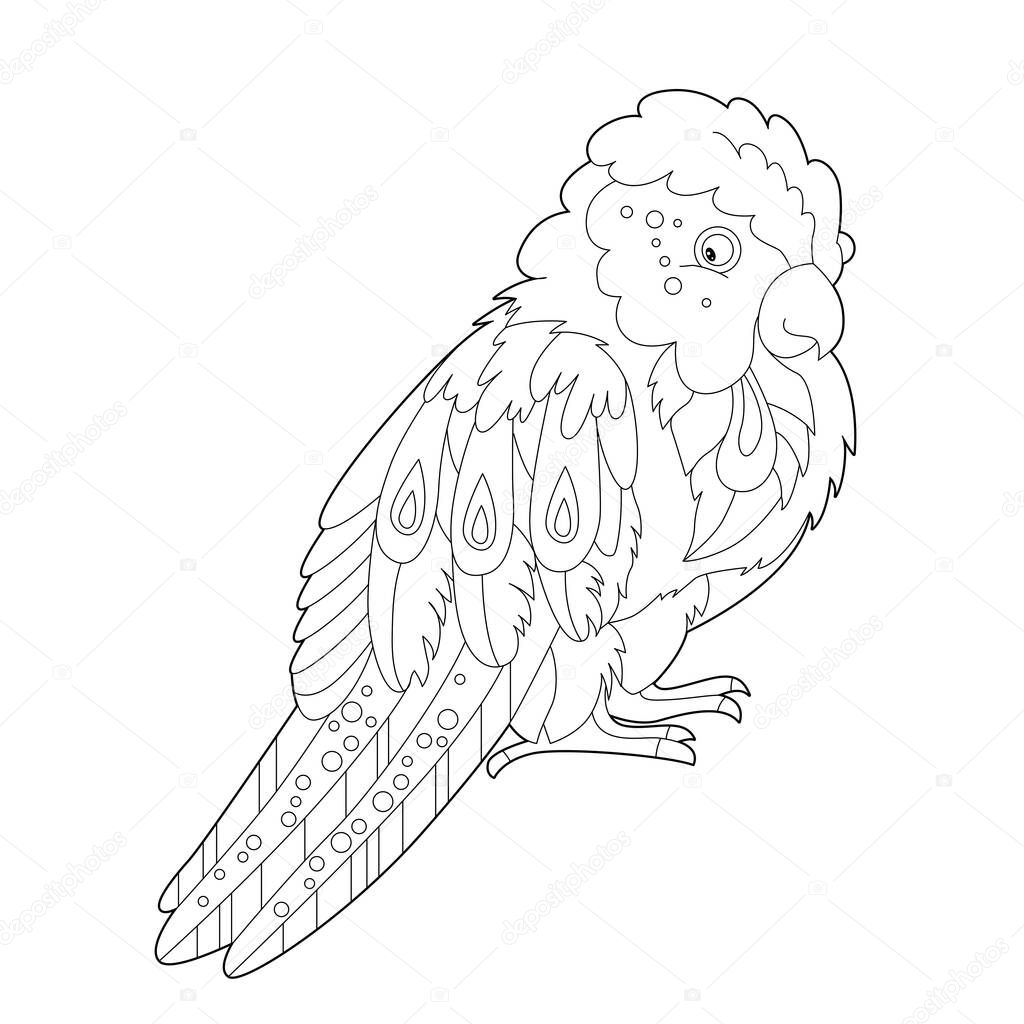 Contour linear illustration for coloring book with decorative parrot. Beautiful tropic bird,  anti stress picture. Line art design for adult or kids  in zen-tangle style, tattoo and coloring page.