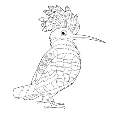 Boyama kitabı için dekoratif güzel hoopoe ile doğrusal illüstrasyon yap. Güzel şirin bir kuş, stres karşıtı bir resim. Yetişkinler ve çocuklar için çizgi çizimi Zen-karmaşası tarzı, dövme ve boyama sayfası.