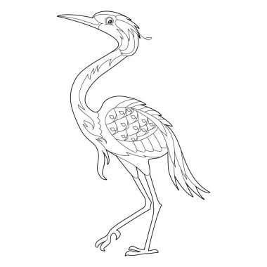 Boyama kitabı için dekoratif güzel balıkçıl ile doğrusal çizim yapın. Güzel şirin bir kuş, stres karşıtı bir resim. Yetişkinler ve çocuklar için çizgi çizimi Zen-karmaşası tarzı, dövme ve boyama sayfası.