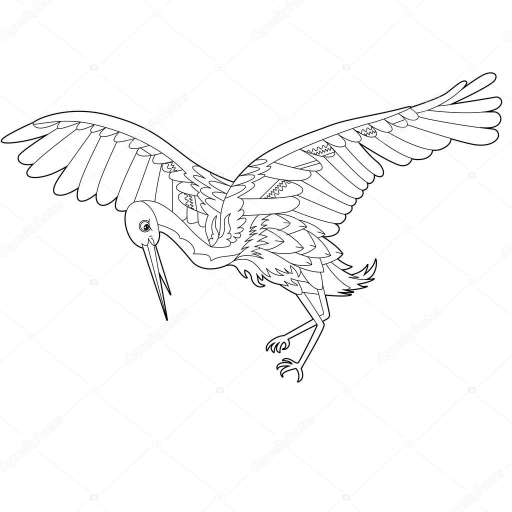 Contour linear illustration for coloring book with decorative pretty stork. Beautiful cute bird,  anti stress picture. Line art design for adult or kids  in zen-tangle style, tatoo and coloring page.