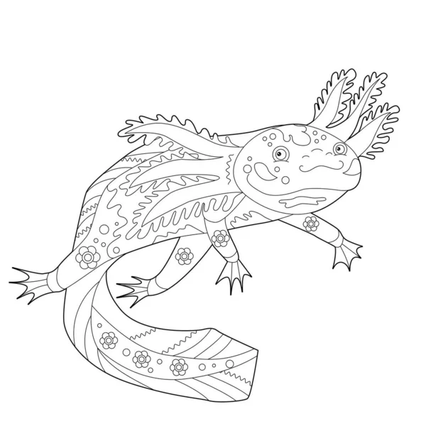 Ilustración Lineal Contorno Para Libro Para Colorear Con Axolotl Decorativo — Archivo Imágenes Vectoriales