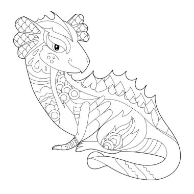 Beyaz arka planda süslü bir ejderha. Fantezi sürüngenlerle boyama kitabı için Contour çizimi. Stres önleyici resim. Zentangle tarzı, dövmesi ve boyama sayfası olan yetişkinler veya çocuklar için çizgi tasarımı.