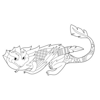 Beyaz arka planda süslü bir ejderha. Fantezi sürüngenlerle boyama kitabı için Contour çizimi. Stres önleyici resim. Zentangle tarzı, dövmesi ve boyama sayfası olan yetişkinler veya çocuklar için çizgi tasarımı.