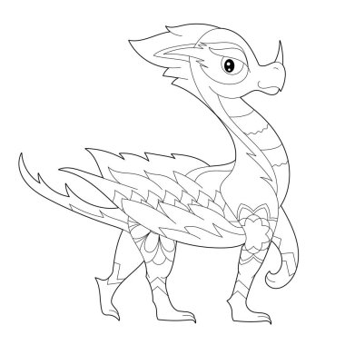 Beyaz arka planda süslü bir ejderha. Fantezi sürüngenlerle boyama kitabı için Contour çizimi. Stres önleyici resim. Zentangle tarzı, dövmesi ve boyama sayfası olan yetişkinler veya çocuklar için çizgi tasarımı.