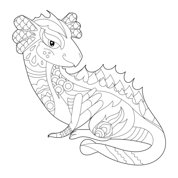 Dragon Fantaisie Sur Fond Blanc Illustration Contour Pour Livre Colorier — Image vectorielle