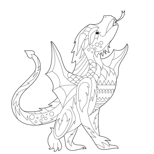 Dragon Fantaisie Sur Fond Blanc Illustration Contour Pour Livre Colorier — Image vectorielle
