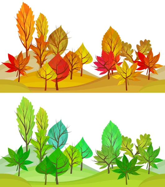 Бесшовный рисунок с деревьями. Взгляды летом и осенью — стоковый вектор