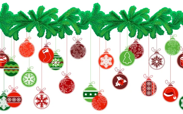 Seamless festive Christmas garland with fir and  balls — Stock Vector