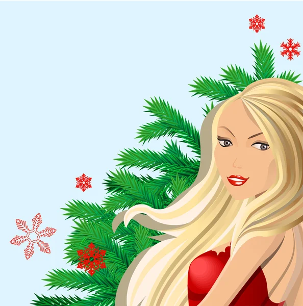 Mladá žena s blond vlasy u vánočního stromu, při pohledu na fotoaparát. — Stockový vektor