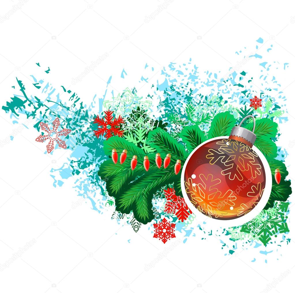 Modern trendy christmas picture with green branch of fir and glass ball. .