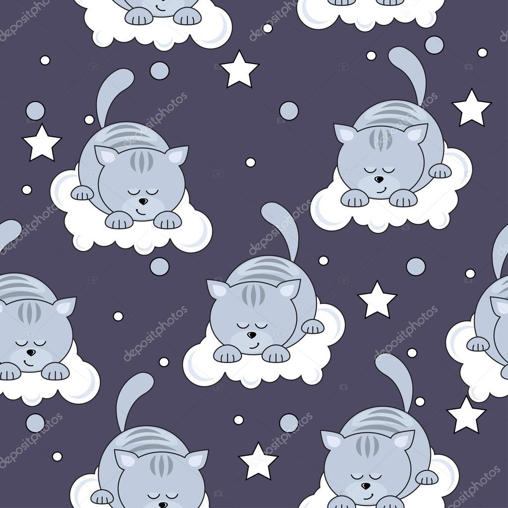 Seamless pattern with cats sleeping on clouds.