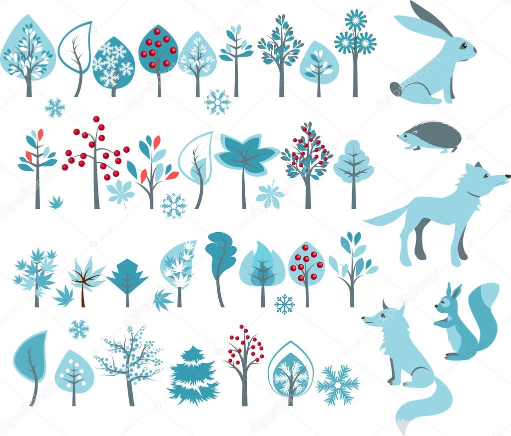 Big set with winter trees and forest animals
