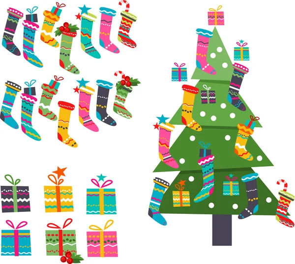 Calcetines, regalos y árbol de Navidad estilizados de Santa sobre fondo blanco — Vector de stock