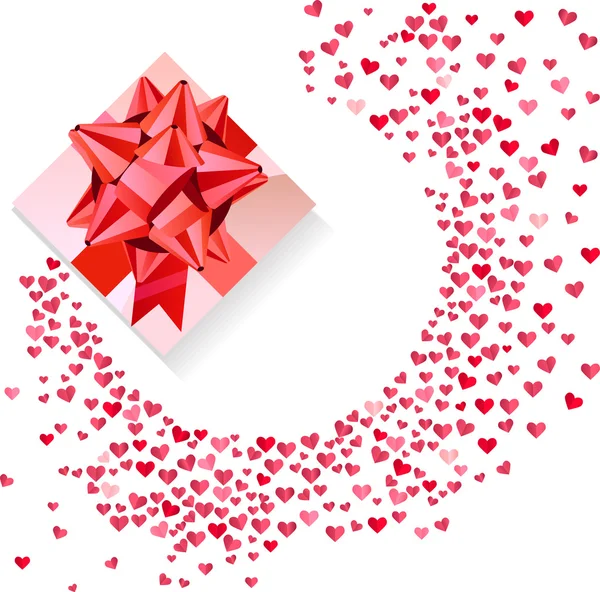 Låda med röd rosett och konfetti hjärtan på vit — Stock vektor