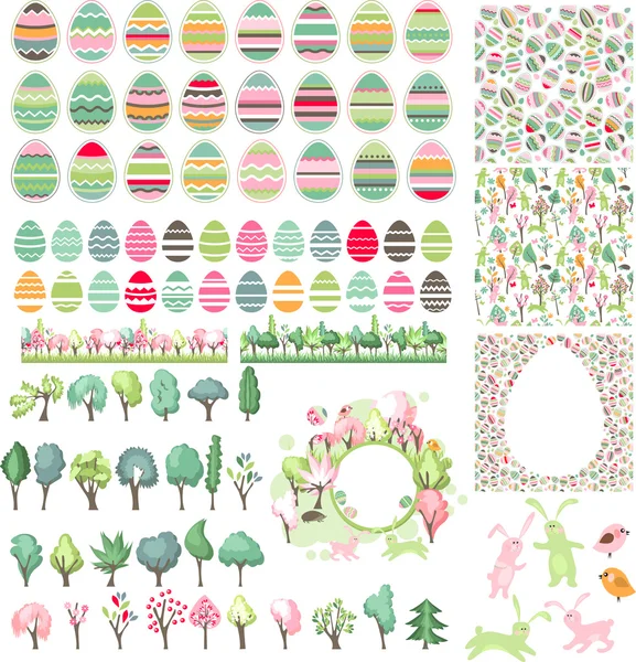 Gran colección con huevos de Pascua y árboles de primavera — Vector de stock