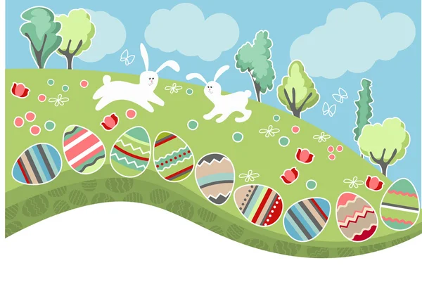 Meadow with easter eggs and rabbits — Stock Vector